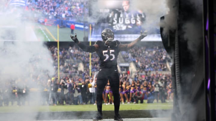 BALTIMORE, MD - NOVEMBER 18: Outside Linebacker Terrell Suggs #55 of the Baltimore Ravens takes the field prior to the game against the Cincinnati Bengals at M&T Bank Stadium on November 18, 2018 in Baltimore, Maryland. (Photo by Patrick Smith/Getty Images)