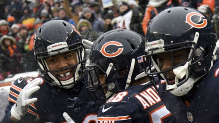 CHICAGO, IL – DECEMBER 24: (L-R) Kyle Fuller #23, Jonathan Anderson #58 and Eddie Jackson #39 of the Chicago Bears celebrate after Fuller made an interception in the second quarter against the Cleveland Browns at Soldier Field on December 24, 2017 in Chicago, Illinois. (Photo by David Banks/Getty Images)