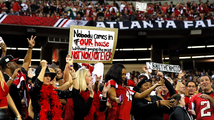 ATLANTA, GA – JANUARY 22: An Atlanta Falcons fan holds up a sign during the game against the Green Bay Packers in the NFC Championship Game at the Georgia Dome on January 22, 2017 in Atlanta, Georgia. (Photo by Kevin C. Cox/Getty Images)