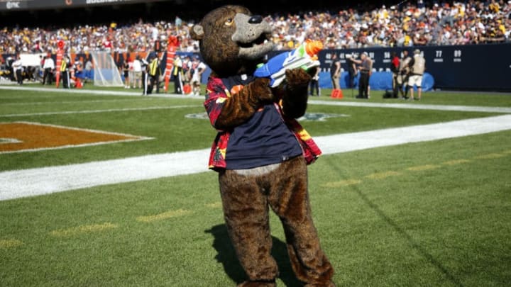 CHICAGO, IL - SEPTEMBER 24: 'Staley' the Chicago Bears mascot squirts the crowd during the abnormally hot day during the game between the Chicago Bears and the Pittsburgh Steelers at Soldier Field on September 24, 2017 in Chicago, Illinois. (Photo by Joe Robbins/Getty Images)