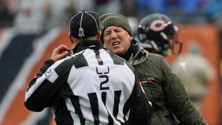 CHICAGO, IL - NOVEMBER 12: Head coach John Fox of the Chicago Bears exchanges words with line judge Bart Longson