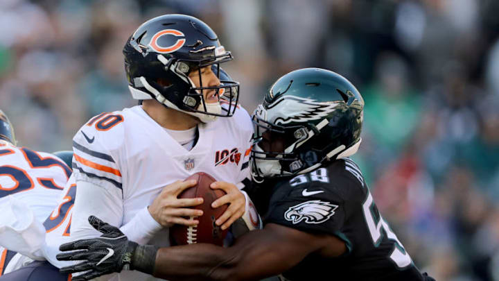 PHILADELPHIA, PENNSYLVANIA - NOVEMBER 03: Mitchell Trubisky #10 of the Chicago Bears is sacked by Genard Avery #58 of the Philadelphia Eagles in the second quarter at Lincoln Financial Field on November 03, 2019 in Philadelphia, Pennsylvania. (Photo by Elsa/Getty Images)