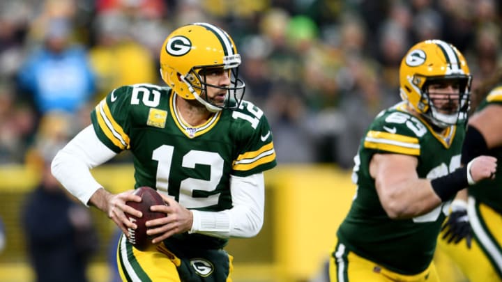 GREEN BAY, WISCONSIN - NOVEMBER 10: Aaron Rodgers #12 of the Green Bay Packers looks to throw a pass against the Carolina Panthers during the first quarter in the game at Lambeau Field on November 10, 2019 in Green Bay, Wisconsin. (Photo by Stacy Revere/Getty Images)