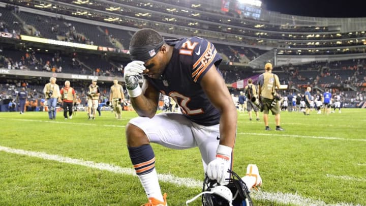 CHICAGO, IL - SEPTEMBER 17: Allen Robinson #12 of the Chicago Bears takes a knee after the game against the Seattle Seahawks at Soldier Field on September 17, 2018 in Chicago, Illinois. (Photo by Quinn Harris/Getty Images)