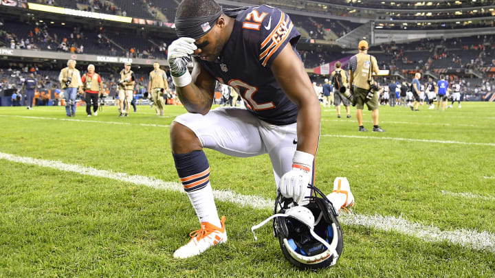 CHICAGO, IL – SEPTEMBER 17: Allen Robinson #12 of the Chicago Bears takes a knee after the game against the Seattle Seahawks at Soldier Field on September 17, 2018 in Chicago, Illinois. (Photo by Quinn Harris/Getty Images)