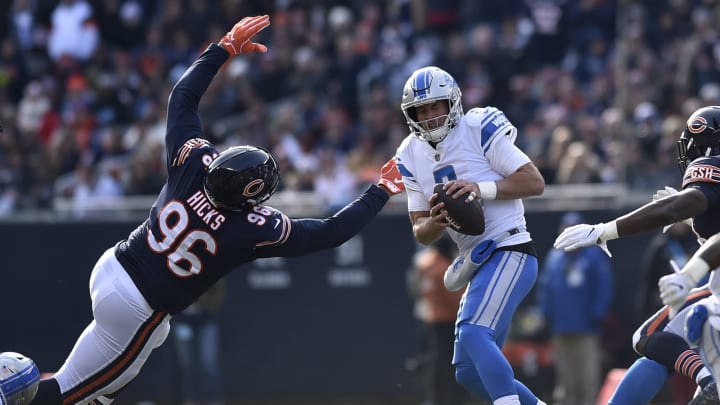 CHICAGO, IL – NOVEMBER 11: Akiem Hicks #96 of the Chicago Bears lunges at quarterback Matthew Stafford #9 of the Detroit Lions in the first quarter at Soldier Field on November 11, 2018 in Chicago, Illinois. (Photo by Quinn Harris/Getty Images)