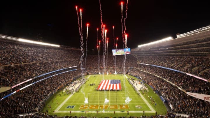 CHICAGO, IL - OCTOBER 09: The national anthem is performed prior to the game between the Chicago Bears and the Minnesota Vikings at Soldier Field on October 9, 2017 in Chicago, Illinois. The Minnesota Vikings defeated the Chicago Bears 20-17. (Photo by Kena Krutsinger/Getty Images)