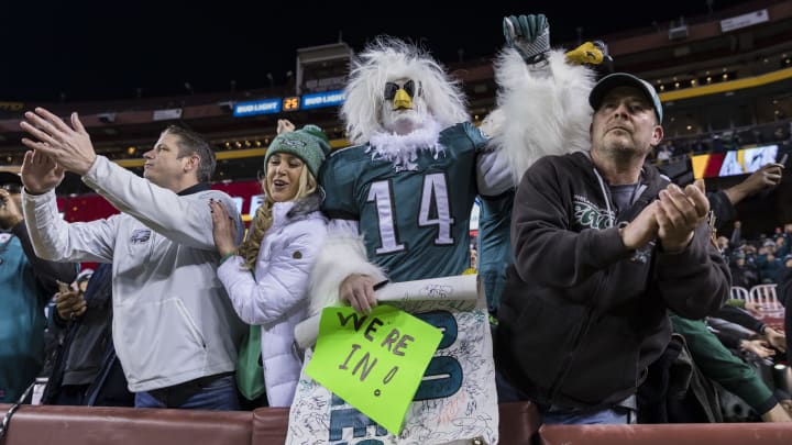 LANDOVER, MD – DECEMBER 30: Philadelphia Eagles fans celebrates after the game against the Washington Redskins at FedExField on December 30, 2018 in Landover, Maryland. (Photo by Scott Taetsch/Getty Images)