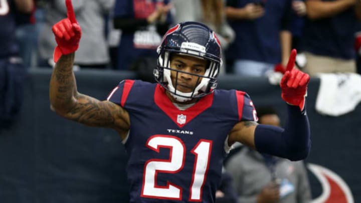 Jan 7, 2017; Houston, TX, USA; Houston Texans cornerback A.J. Bouye (21) celebrates during the first quarter of the AFC Wild Card playoff football game against the Oakland Raiders at NRG Stadium. Mandatory Credit: Troy Taormina-USA TODAY Sports