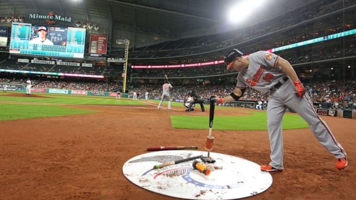 May 26, 2016; Houston, TX, USA; Baltimore Orioles first baseman Chris Davis (19) on deck against the Houston Astros in the fifth inning at Minute Maid Park. Mandatory Credit: Thomas B. Shea-USA TODAY Sports