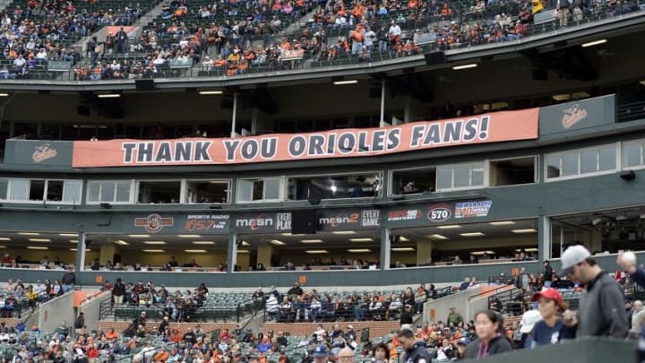 Oct 4, 2015; Baltimore, MD, USA; Baltimore Orioles places a banner above the press box thanking fans before the game against the New York Yankees at Oriole Park at Camden Yards. Mandatory Credit: Tommy Gilligan-USA TODAY Sports