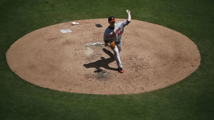 ARLINGTON, TX - AUGUST 5: Tanner Scott #66 of the Baltimore Orioles delivers against the Texas Rangers during the second inning at Globe Life Park in Arlington on August 5, 2018 in Arlington, Texas. (Photo by Ron Jenkins/Getty Images)