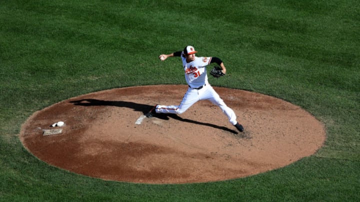 BALTIMORE, MD - SEPTEMBER 30: Starting pitcher Jimmy Yacabonis #31 of the Baltimore Orioles throws to a Houston Astros batter in the third inning at Oriole Park at Camden Yards on September 30, 2018 in Baltimore, Maryland. (Photo by Rob Carr/Getty Images)