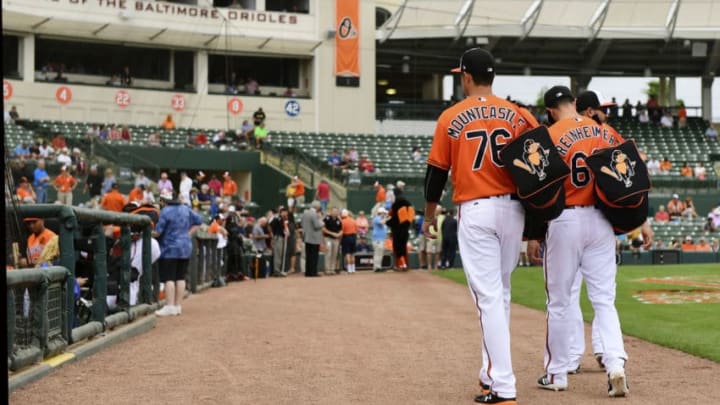 SARASOTA, FLORIDA - FEBRUARY 26: Baltimore Orioles players walk to the dugout prior to a game against the Tampa Bay Rays at Ed Smith Stadium on February 26, 2019 in Sarasota, Florida. (Photo by Julio Aguilar/Getty Images)