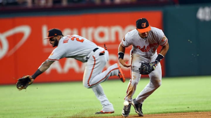 ARLINGTON, TX - JUNE 04: Jonathan Villar #2 of the Baltimore Orioles backs up Richie Martin #1 in the seventh inning against the Texas Rangers at Globe Life Park in Arlington on June 4, 2019 in Arlington, Texas. (Photo by Rick Yeatts/Getty Images)