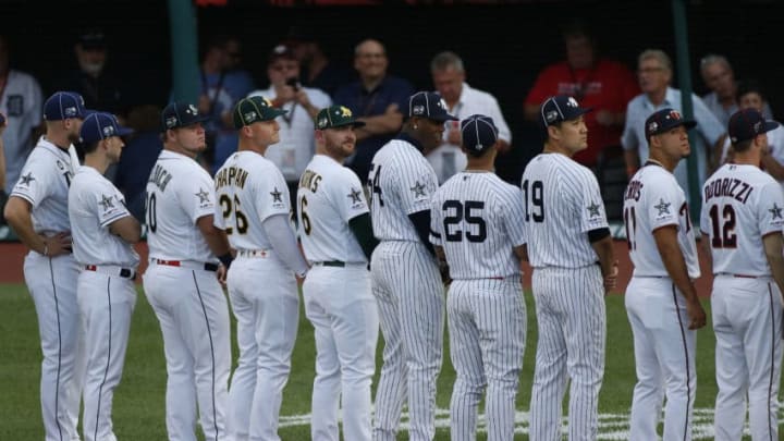 CLEVELAND, OHIO - JULY 09: The American league lines up during the 2019 MLB All-Star Game at Progressive Field on July 09, 2019 in Cleveland, Ohio. (Photo by Kirk Irwin/Getty Images)