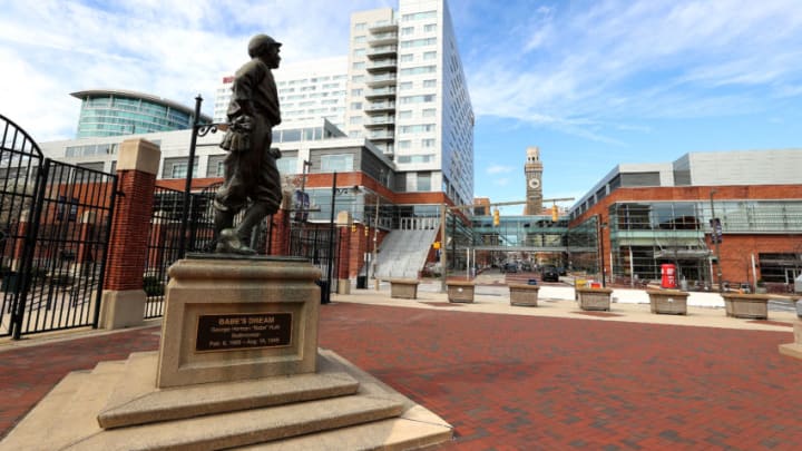 BALTIMORE, MARYLAND - MARCH 13: A general view of the statue of Babe Ruth is shown outside of Oriole Park at Camden Yards on March 13, 2020 in Baltimore, Maryland. Major League Baseball cancelled spring training games and has delayed opening day by at least two weeks due to COVID-19. (Photo by Rob Carr/Getty Images)
