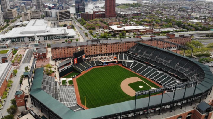 BALTIMORE, MD. - APRIL 29: An aerial view from a drone shows the Camden Yards baseball stadium on April 29, 2020 in Baltimore, Maryland. Baseball season has been put on hold due to states enacting stay-at-home orders and banning all non-essential travel to slow the spread of the coronavirus. (Photo by Mark Wilson/Getty Images)