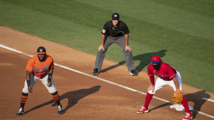 PHILADELPHIA, PA - JULY 19: Hanser Alberto #57 of the Baltimore Orioles leads off first base against Rhys Hoskins #17 of the Philadelphia Phillies in the top of the second inning during a summer camp exhibition game at Citizens Bank Park on July 19, 2020 in Philadelphia, Pennsylvania. (Photo by Mitchell Leff/Getty Images)