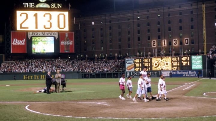 5 Sep 1995: General view of field and scoreboard announcing game number 2130 in which shortstop Cal Ripken of the Baltimore Orioles has tied Lou Gehrig''s record for number of consecutive games played. The game was between the Orioles and the California Angels and the Orioles won 8-0. Mandatory Credit: Doug Pensinger /Allsport