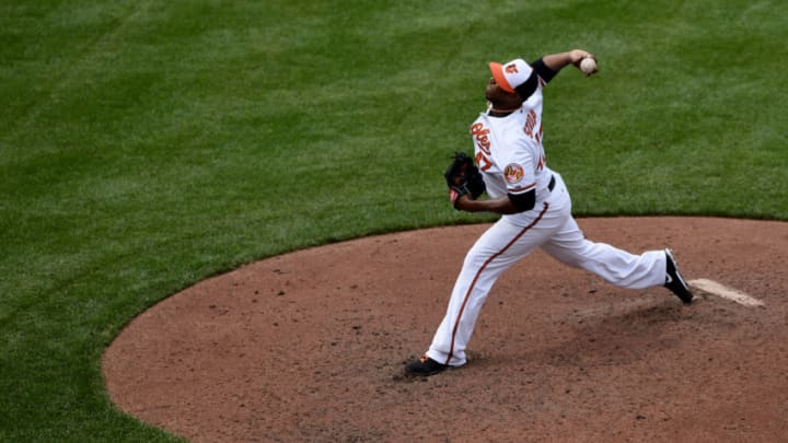 BALTIMORE, MD - JUNE 12: Pitcher Pedro Strop #47 of the Baltimore Orioles works the seventh inning against the Los Angeles Angels of Anaheim at Oriole Park at Camden Yards on June 12, 2013 in Baltimore, Maryland. The Los Angeles Angels of Anaheim won, 9-5. (Photo by Patrick Smith/Getty Images)