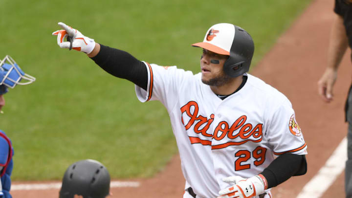 BALTIMORE, MD - SEPTEMBER 03: Welington Castillo Orioles celebrates a solo home run in the third inning during a baseball game against the Toronto Blue Jays at Oriole Park at Camden Yards on September 3, 2017 in Baltimore, Maryland. (Photo by Mitchell Layton/Getty Images)