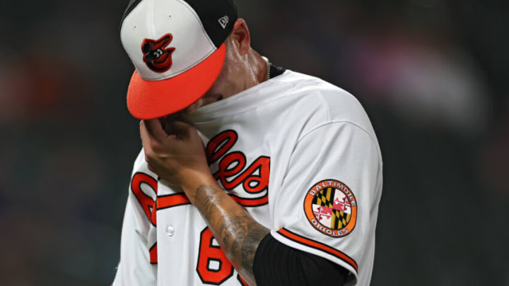 BALTIMORE, MARYLAND - SEPTEMBER 19: Starting pitcher Tyler Wells #68 of the Baltimore Orioles reacts as he is relieved against the Detroit Tigers during the fourth inning at Oriole Park at Camden Yards on September 19, 2022 in Baltimore, Maryland. (Photo by Patrick Smith/Getty Images)