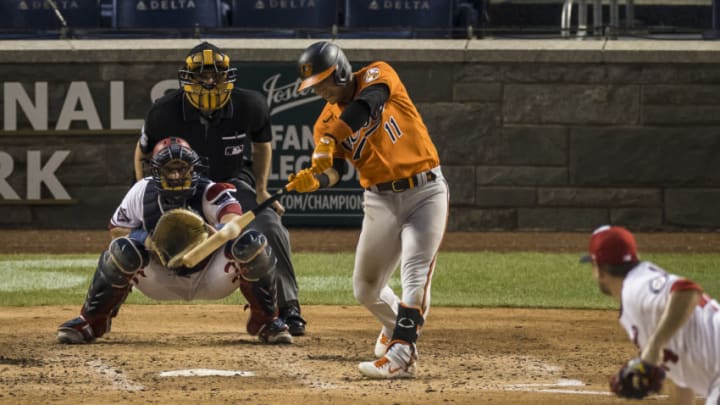 WASHINGTON, DC - JULY 21: Jose Iglesias #11 of the Baltimore Orioles at bat against the Washington Nationals during the sixth inning at Nationals Park on July 21, 2020 in Washington, DC. (Photo by Scott Taetsch/Getty Images)