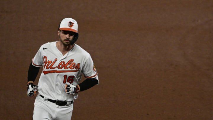 May 10, 2021; Baltimore, Maryland, USA; Baltimore Orioles right fielder Trey Mancini (16) rounds the bases after hitting a home run against the Boston Red Sox at Oriole Park at Camden Yards. Mandatory Credit: Tommy Gilligan-USA TODAY Sports