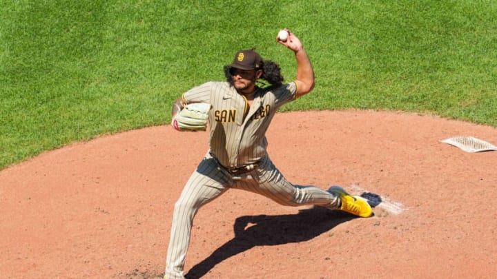 Aug 28, 2022; Kansas City, Missouri, USA; San Diego Padres starting pitcher Sean Manaea (55) pitches against the Kansas City Royals during the fourth inning at Kauffman Stadium. Mandatory Credit: Jay Biggerstaff-USA TODAY Sports