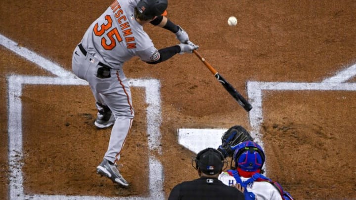 Aug 3, 2022; Arlington, Texas, USA; Baltimore Orioles designated hitter Adley Rutschman (35) in action during the game between the Texas Rangers and the Baltimore Orioles at Globe Life Field. Mandatory Credit: Jerome Miron-USA TODAY Sports