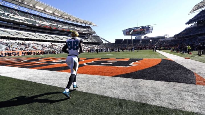 Nov 2, 2014; Cincinnati, OH, USA; Jacksonville Jaguars wide receiver Allen Hurns (88) during warmups prior to the game against the Cincinnati Bengals at Paul Brown Stadium. Mandatory Credit: Aaron Doster-USA TODAY Sports