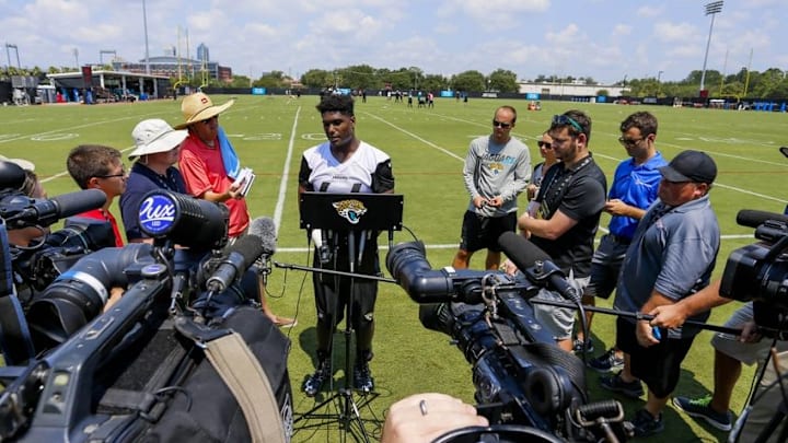 Jun 14, 2016; Jacksonville, FL, USA; Jacksonville Jaguars linebacker Myles Jack (44) talks with the press after minicamp workouts at Florida Blue Health and Wellness Practice Fields. Mandatory Credit: Logan Bowles-USA TODAY Sports