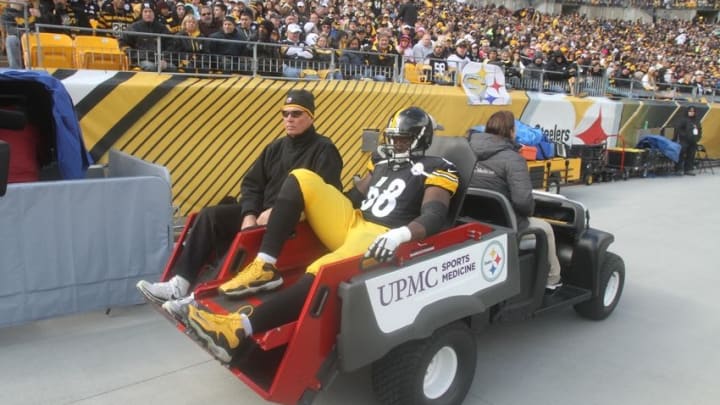 Oct 18, 2015; Pittsburgh, PA, USA; Pittsburgh Steelers guard Kelvin Beachum (68) is carted off of the field against the Arizona Cardinals during the first half at Heinz Field. Mandatory Credit: Jason Bridge-USA TODAY Sports