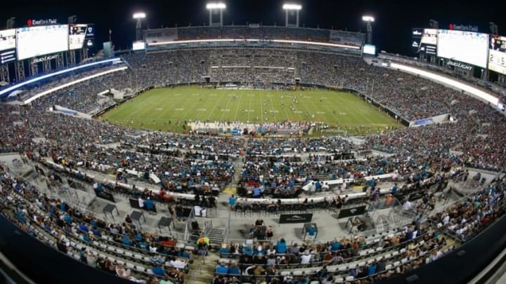 Aug 20, 2016; Jacksonville, FL, USA; A wide overhead view of the field during the second quarter of a football game between the Jacksonville Jaguars and the Tampa Bay Buccaneers at EverBank Field. Mandatory Credit: Reinhold Matay-USA TODAY Sports