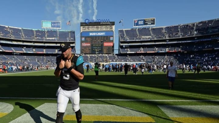 Sep 18, 2016; San Diego, CA, USA; Jacksonville Jaguars quarterback Blake Bortles (5) walks off the field after a 38-14 loss to San Diego Chargers at Qualcomm Stadium. Mandatory Credit: Jake Roth-USA TODAY Sports