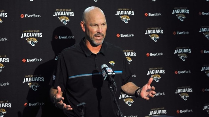 Sep 18, 2016; San Diego, CA, USA; Jacksonville Jaguars head coach Gus Bradley addresses the media during a post-game media conference following the game against the San Diego Chargers at Qualcomm Stadium. San Diego won 38-14. Mandatory Credit: Orlando Ramirez-USA TODAY Sports