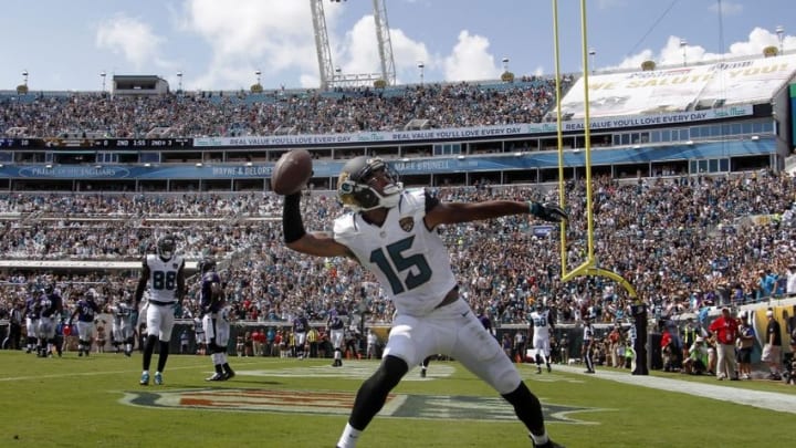 Sep 25, 2016; Jacksonville, FL, USA; Jacksonville Jaguars wide receiver Allen Robinson (15) celebrates a touchdown in the end zone during the second quarter of a football game against the Baltimore Ravens at EverBank Field. Mandatory Credit: Reinhold Matay-USA TODAY Sports