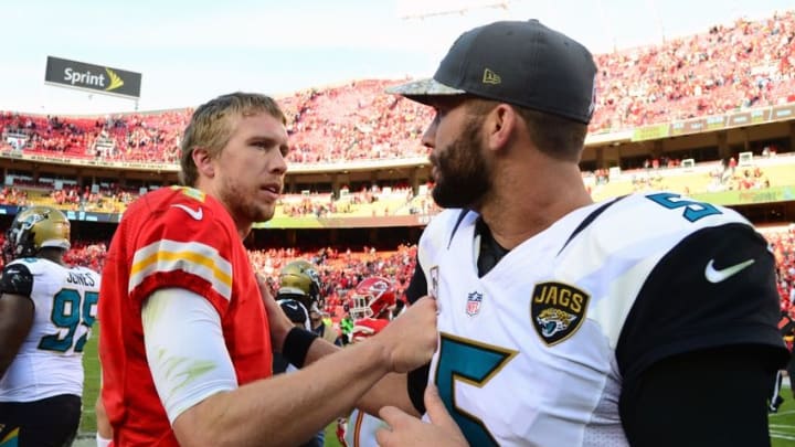 Nov 6, 2016; Kansas City, MO, USA; Kansas City Chiefs quarterback Nick Foles (4) talks with Jacksonville Jaguars quarterback Blake Bortles (5) after a game at Arrowhead Stadium. The Chiefs won 19-14. Mandatory Credit: Jeff Curry-USA TODAY Sports