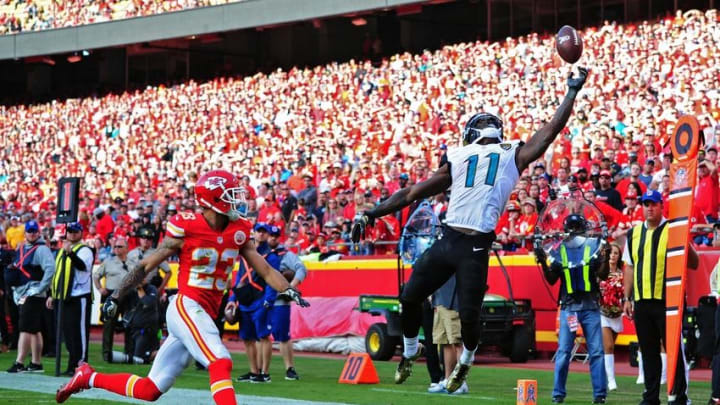 Nov 6, 2016; Kansas City, MO, USA; Jacksonville Jaguars wide receiver Marqise Lee (11) leaps but is unable to catch a pass as Kansas City Chiefs cornerback Phillip Gaines (23) looks on during the second half at Arrowhead Stadium. The Chiefs won 19-14. Mandatory Credit: Jeff Curry-USA TODAY Sports