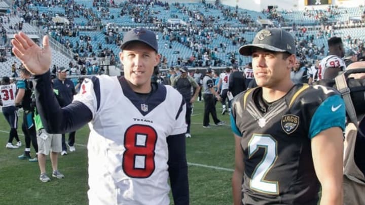 Nov 13, 2016; Jacksonville, FL, USA; Jacksonville Jaguars kicker Jason Myers (2) and Houston Texans kicker Nick Novak (8) after a football game at EverBank Field. The Texans won 24-21. Mandatory Credit: Reinhold Matay-USA TODAY Sports