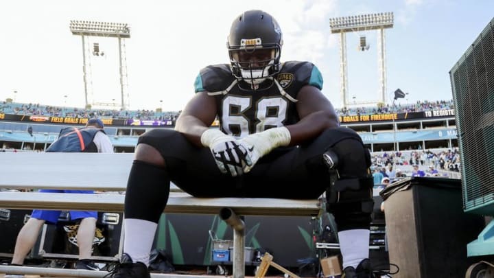 Dec 11, 2016; Jacksonville, FL, USA; Jacksonville Jaguars tackle Kelvin Beachum (68) sits on the bench after a game against the Minnesota Vikings at EverBank Field. The Minnesota Vikings won 25-16. Mandatory Credit: Logan Bowles-USA TODAY Sports