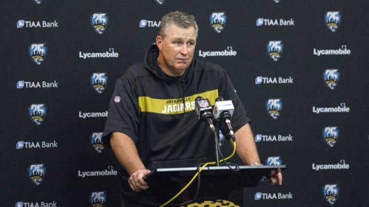 JACKSONVILLE, FL - AUGUST 15: Head Coach Doug Marrone of the Jacksonville Jaguars talks with the media after the game against the Philadelphia Eagles at TIAA Bank Field on August 15, 2019 in Jacksonville, Florida. The Eagles defeated the Jaguars 20 to 10. (Photo by Don Juan Moore/Getty Images)