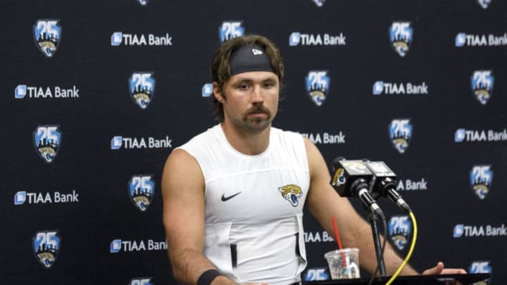 JACKSONVILLE, FL - OCTOBER 13: Quarterback Gardner Minshew II #15 of the Jacksonville Jaguars answers questions from the media at the news conference following the game against the New Orleans Saints at TIAA Bank Field on October 13, 2019 in Jacksonville, Florida. The Saints defeated the Jaguars 13-6. (Photo by Don Juan Moore/Getty Images)
