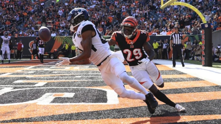 CINCINNATI, OHIO - OCTOBER 20: Keelan Cole #84 of the Jacksonville Jaguars catches a touchdown pass against the Cincinnati Bengals at Paul Brown Stadium on October 20, 2019 in Cincinnati, Ohio. (Photo by Andy Lyons/Getty Images)