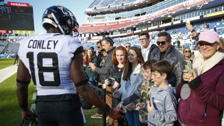 NASHVILLE, TENNESSEE - NOVEMBER 24: Chris Conley #18 of the Jacksonville Jaguars talks to fans before the game against the Tennessee Titans at Nissan Stadium on November 24, 2019 in Nashville, Tennessee. (Photo by Silas Walker/Getty Images)