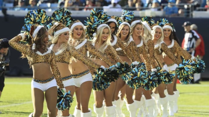 JACKSONVILLE, FL - DECEMBER 16: Jacksonville Jaguars dancers perform during their game against the Washington Redskins at TIAA Bank Field on December 16, 2018 in Jacksonville, Florida. (Photo by Sam Greenwood/Getty Images)