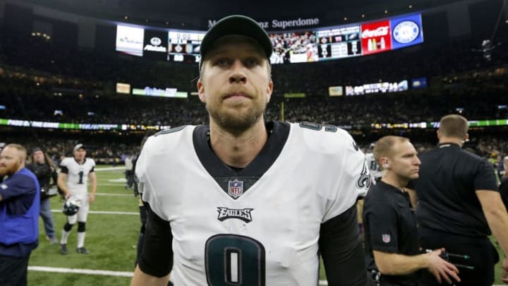 NEW ORLEANS, LOUISIANA - JANUARY 13: Nick Foles #9 of the Philadelphia Eagles reacts after his teams loss to the New Orleans Saints in the NFC Divisional Playoff Game at Mercedes Benz Superdome on January 13, 2019 in New Orleans, Louisiana. The Saints defeated the Eagles 20-14. (Photo by Jonathan Bachman/Getty Images)