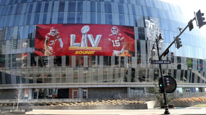 KANSAS CITY, MISSOURI - FEBRUARY 03: The T-Mobile Center is decorated with a banner in support of the Kansas City Chiefs ahead of Super Bowl LV on February 03, 2021 in Kansas City, Missouri. (Photo by Jamie Squire/Getty Images)