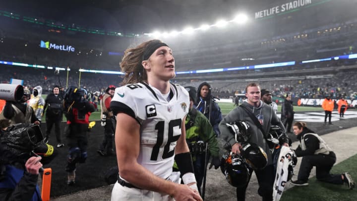 Trevor Lawrence #16 of the Jacksonville Jaguars jogs off the field at MetLife Stadium on December 22, 2022 in East Rutherford, New Jersey. (Photo by Dustin Satloff/Getty Images)